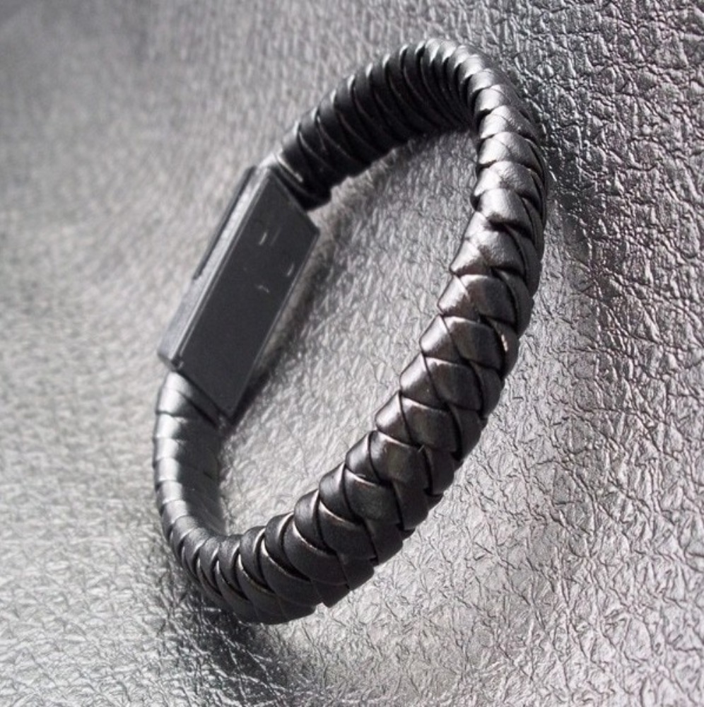 Black braided leather bracelet with charging cable clasp